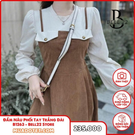 Đầm Nâu Phối Tay Trắng Dài B1263 – Bell22 Store