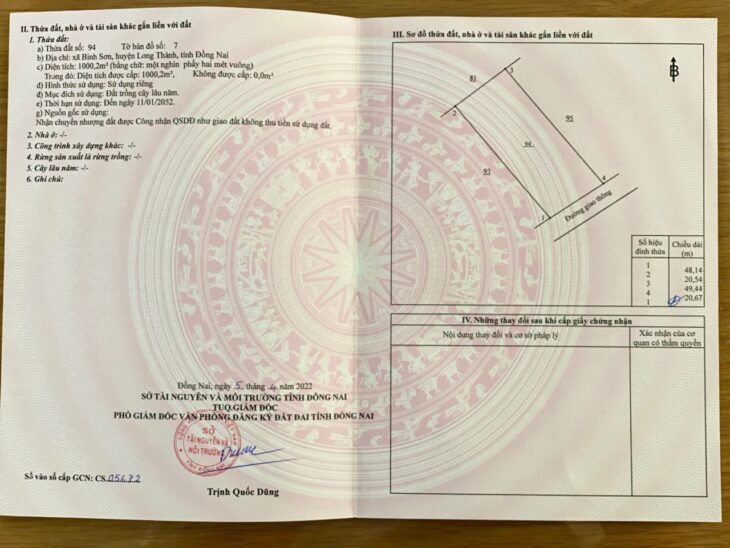 Bán đất Bình Sơn Long Thành đường cầu mên 1000m2 giá 8,7 ty