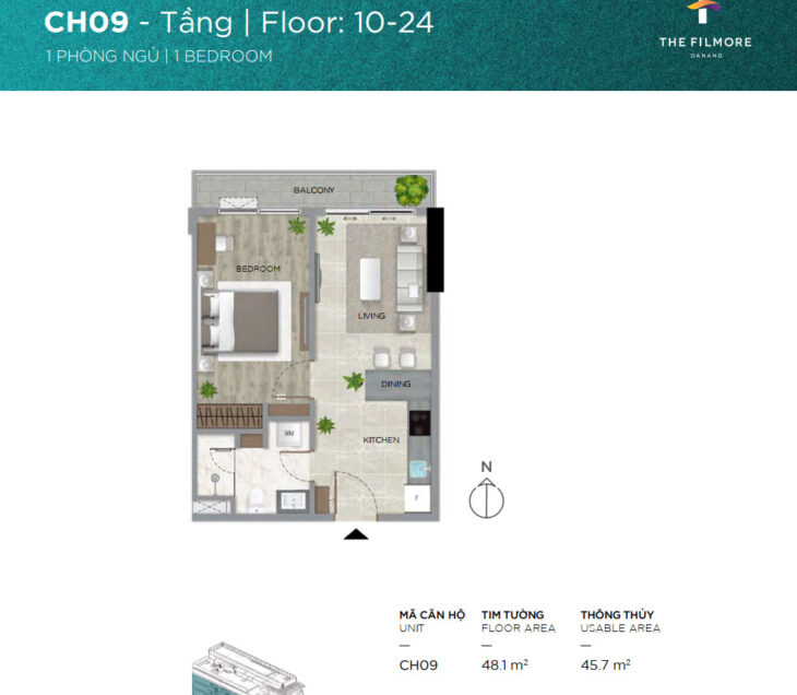 Bán căn hộ Filmore Đà Nẵng 1 phòng ngủ mã căn CH24.09 căn cao nhất còn lại.