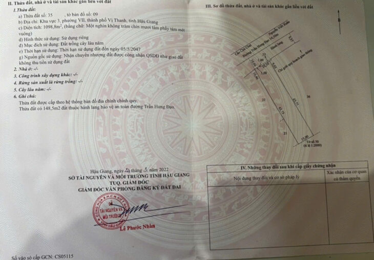 BÁN ĐẤT THỔ CƯ VỊ TRÍ VÀNG TRẦN HƯNG ĐẠO – TP VỊ THANH – HẬU GIANG – 1098M2 – GIÁ 38.4 TỶ – SỔ ĐỎ