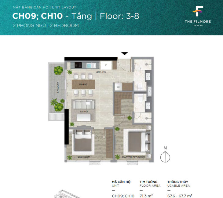 Chào bán căn hộ 2 phòng ngủ Filmore Đà Nẵng tầng 5 mã căn hộ CH05.10