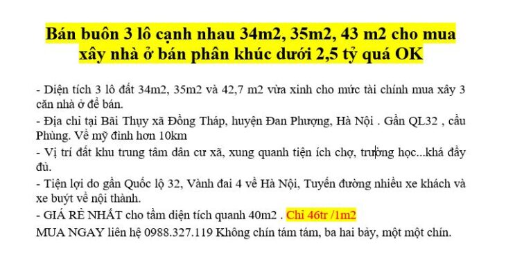 Bán 3 lô cạnh nhau 34m2, 35m2, 43 m2 cho mua xây nhà ở bán phân khúc dưới 2,5 tỷ quá OK