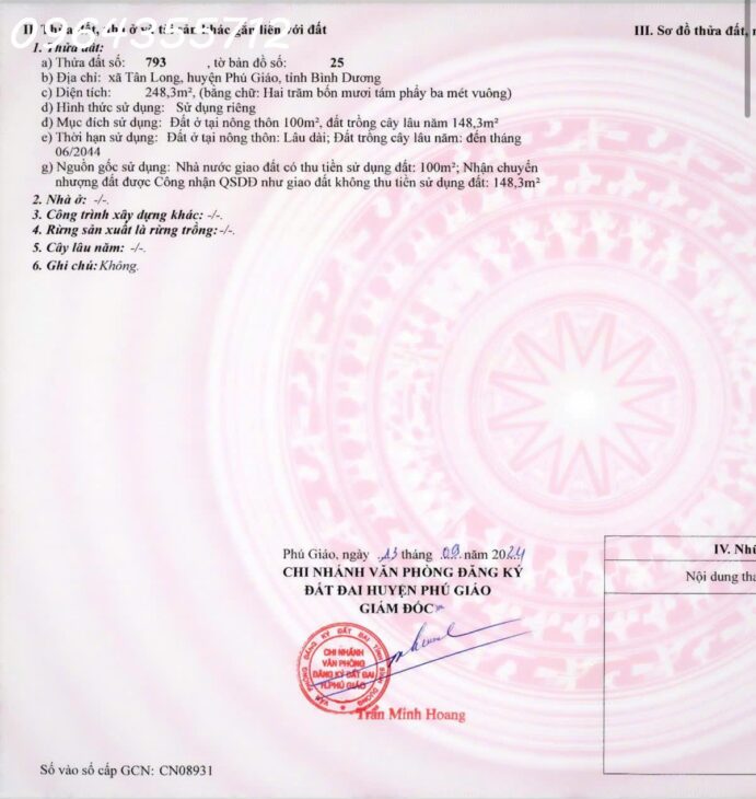 BÁN ĐẤT SỔ SẴN 250M2 TÂN LONG – PHÚ GIÁO – GIÁ 780 TRIỆU