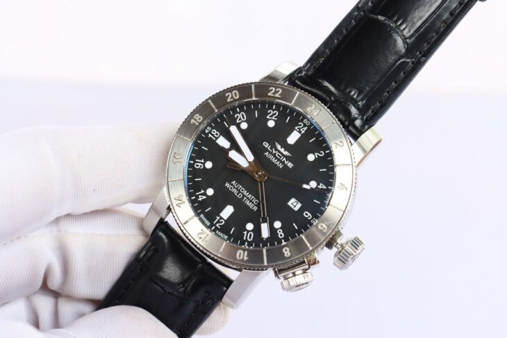 ĐH Nam : Glycine Airman Worldtimer GMT Automatic Dial Black – Dây da – 4 Kim – Size 44mm