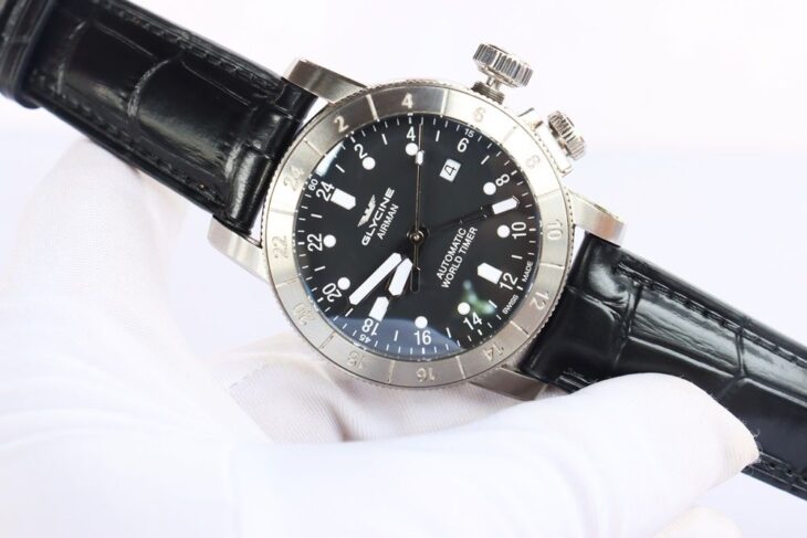 ĐH Nam : Glycine Airman Worldtimer GMT Automatic Dial Black – Dây da – 4 Kim – Size 44mm