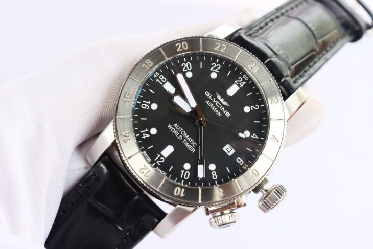 ĐH Nam : Glycine Airman Worldtimer GMT Automatic Dial Black – Dây da – 4 Kim – Size 44mm