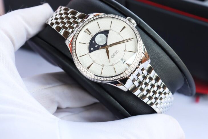 ĐH Nữ : Oris Artelier Automatic, Lịch MoonPhase, đính Full Kim Cương Size 36mm Fullbox
