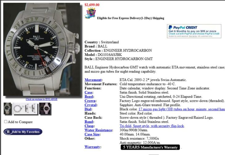 Đồng Hồ Nam : Ball Engineer Hydrocarbon – giờ GMT – Automatic – Size 40mm..
