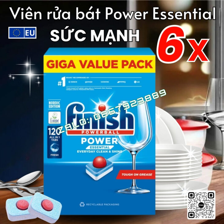 Viên rửa bát hàng chính hãng nhập khẩu Châu Âu – FINISH POWER ESSENTIAL (6 chức năng)