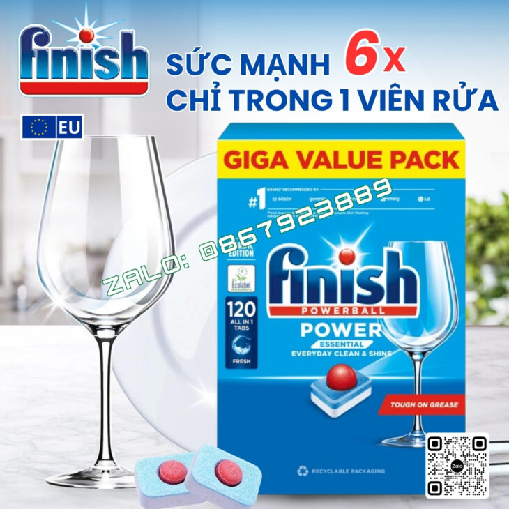 Viên rửa bát hàng chính hãng nhập khẩu Châu Âu – FINISH POWER ESSENTIAL (6 chức năng)