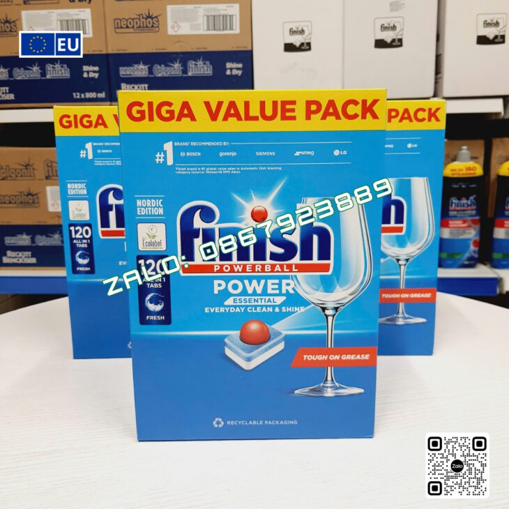 Viên rửa bát hàng chính hãng nhập khẩu Châu Âu – FINISH POWER ESSENTIAL (6 chức năng)