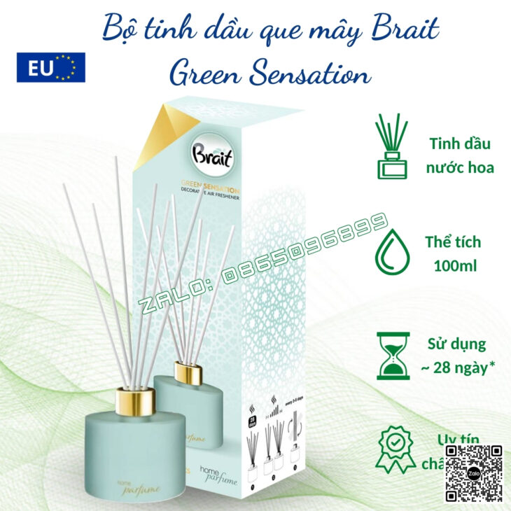 Bộ tinh dầu khuếch tán nhập khẩu Châu Âu Brait 100ml, hàng chính hãng EU, thơm phòng, hỗ trợ khử mùi