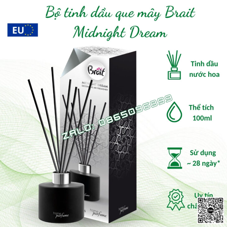 Bộ tinh dầu khuếch tán nhập khẩu Châu Âu Brait 100ml, hàng chính hãng EU, thơm phòng, hỗ trợ khử mùi