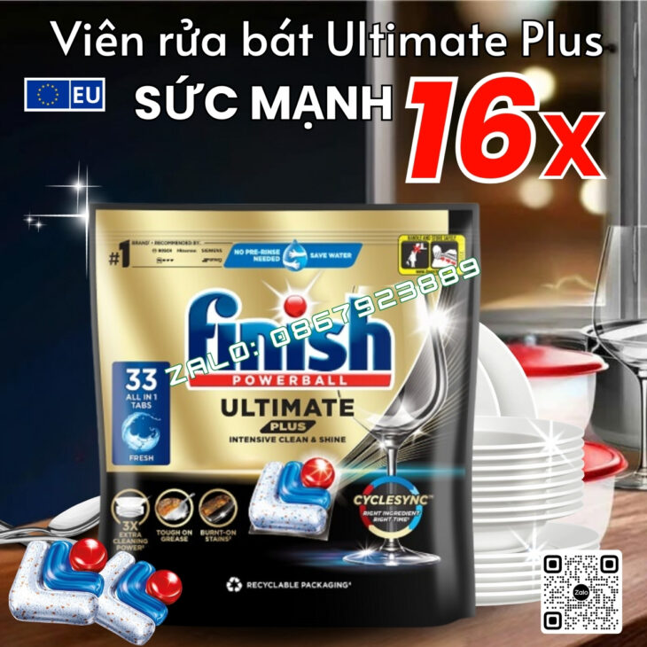 Viên rửa bát nhập khẩu chính hãng Châu Âu FINISH ULTIMATE PLUS – 16 tính năng siêu cao cấp