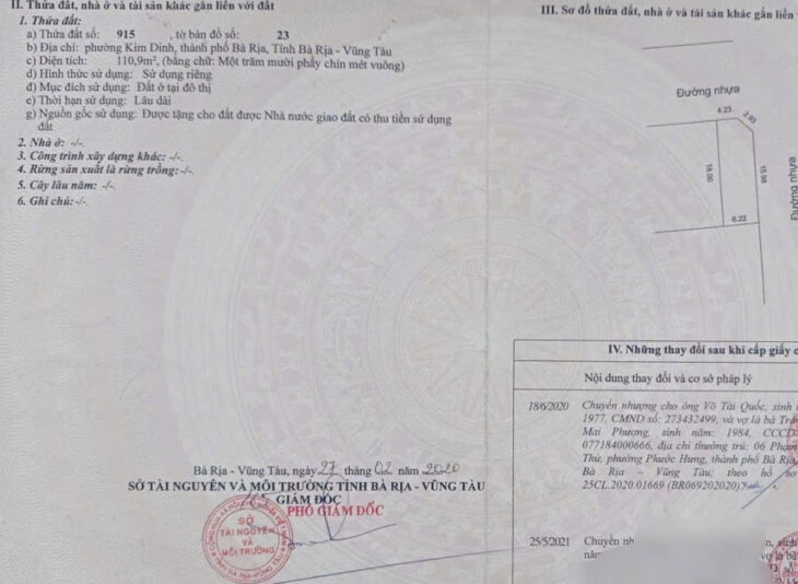 Hàng Hót ! Đất phường Kim Dinh, Tp, Bà Rịa. Lô góc 2 mặt tiền.