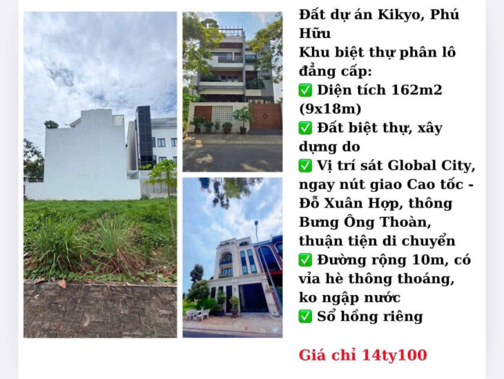 Đất dự án Kikyo, Phú Hữu, Thủ Đức,HCM – 162m2 ngang 9×18-Gía 14 tỷ