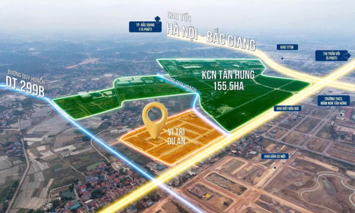 Đất nền phân lô dt75m2, đường 20m, vỉa hè 5m sát khu công nghiệp Tân Hưng-Lạng Giang-Bắc Giang chỉ