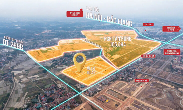 Đất nền phân lô dt75m2, đường 20m, vỉa hè 5m sát khu công nghiệp Tân Hưng-Lạng Giang-Bắc Giang chỉ