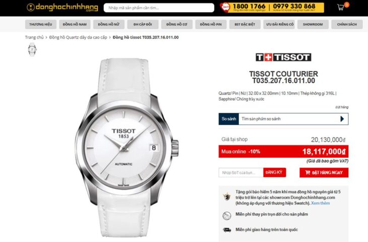 ĐH Nữ : Tissot Couturier T035.207.16.011 .00 dây da, Automatic, Size 32mm, New 99% Fullbox