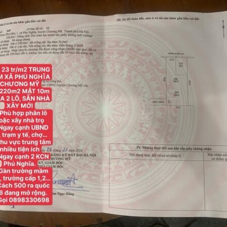 23 tr/m2 TRUNG TÂM XÃ PHÚ NGHĨA CHƯƠNG MỸ DT 220m2 MẶT 10m CHIA 2 LÔ, SẴN NHÀ XÂY MỚI 23 tr/m2 TRUNG TÂM XÃ PHÚ NGHĨA CHƯƠNG MỸ DT 220m2 MẶT 10m CHIA 2 LÔ, SẴN NHÀ XÂY MỚI