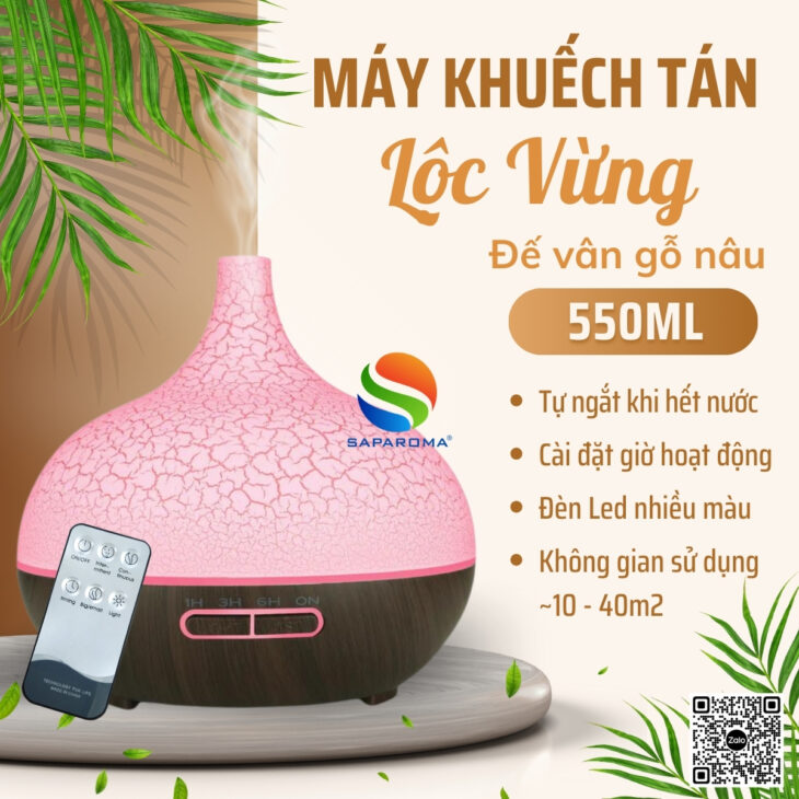 Máy xông tinh dầu SAPAROMA hỗ trợ khử mùi thơm phòng, đèn Led nhiều màu kèm điều khiển