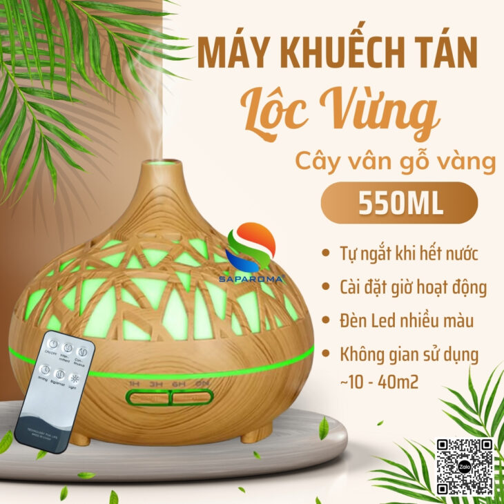 Máy xông tinh dầu SAPAROMA hỗ trợ khử mùi thơm phòng, đèn Led nhiều màu kèm điều khiển