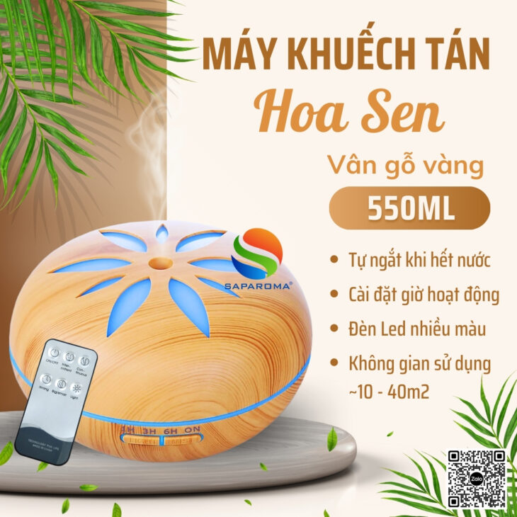 Máy xông tinh dầu SAPAROMA hỗ trợ khử mùi thơm phòng, đèn Led nhiều màu kèm điều khiển