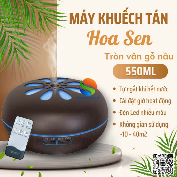 Máy xông tinh dầu SAPAROMA hỗ trợ khử mùi thơm phòng, đèn Led nhiều màu kèm điều khiển
