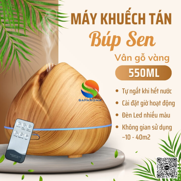 Máy xông tinh dầu SAPAROMA hỗ trợ khử mùi thơm phòng, đèn Led nhiều màu kèm điều khiển