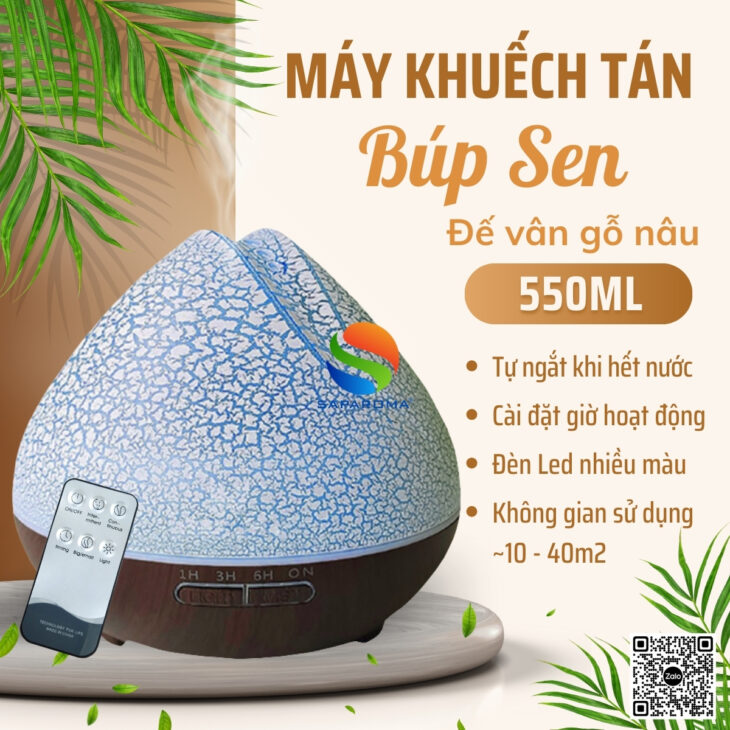 Máy xông tinh dầu SAPAROMA hỗ trợ khử mùi thơm phòng, đèn Led nhiều màu kèm điều khiển