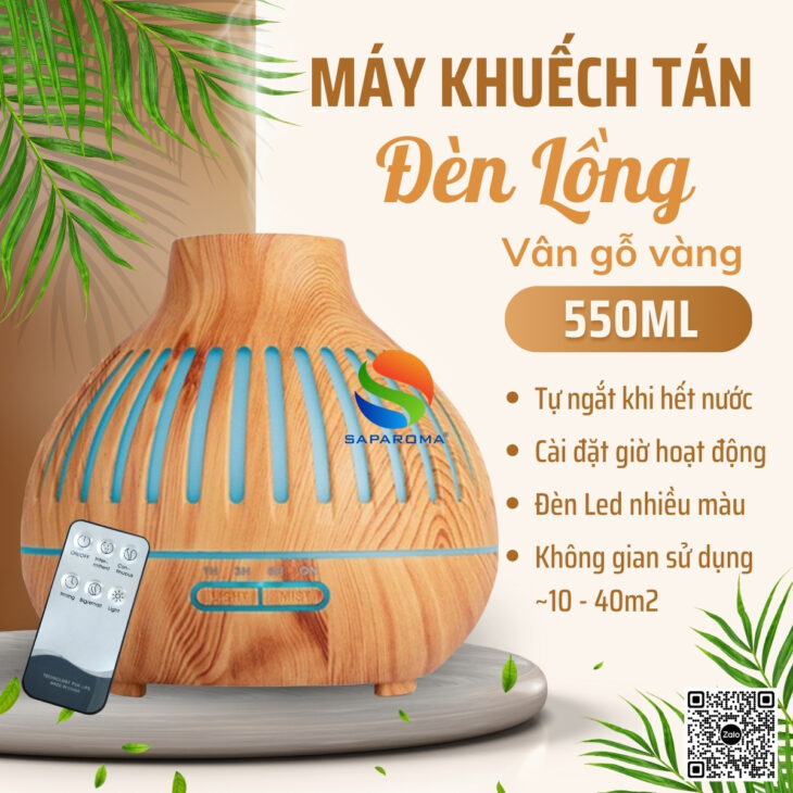 Máy xông tinh dầu SAPAROMA hỗ trợ khử mùi thơm phòng, đèn Led nhiều màu kèm điều khiển