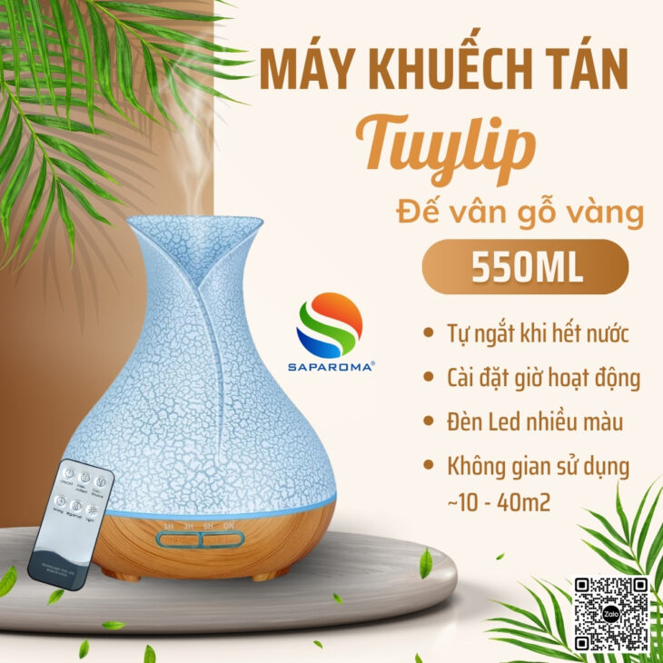 Máy khuếch tán tinh dầu cao cấp Saparoma phun sương tạo ẩm, Led 7 màu, thơm phòng, hỗ trợ khử mùi