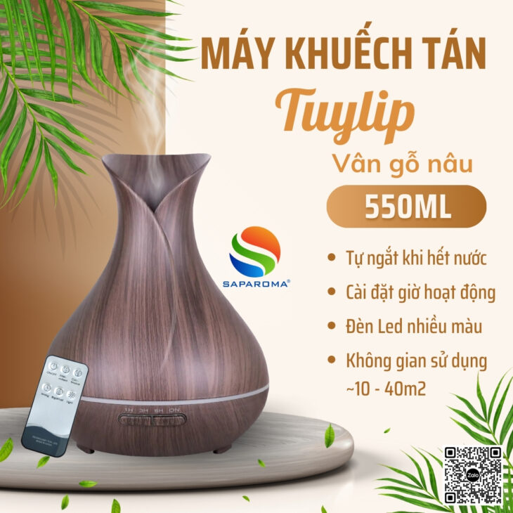 Máy khuếch tán tinh dầu cao cấp Saparoma phun sương tạo ẩm, Led 7 màu, thơm phòng, hỗ trợ khử mùi
