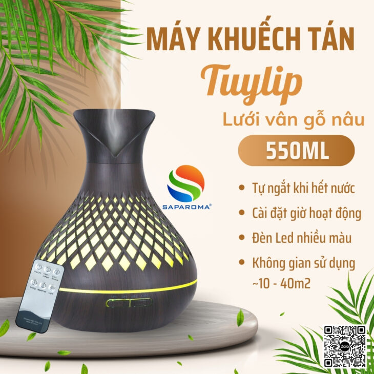 Máy khuếch tán tinh dầu cao cấp Saparoma phun sương tạo ẩm, Led 7 màu, thơm phòng, hỗ trợ khử mùi