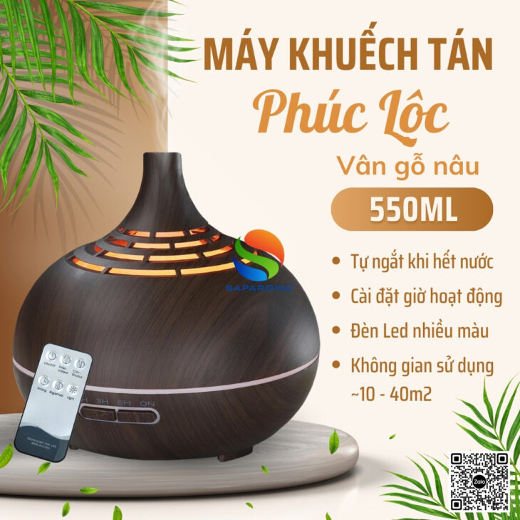 Máy khuếch tán tinh dầu cao cấp Saparoma phun sương tạo ẩm, Led 7 màu, thơm phòng, hỗ trợ khử mùi