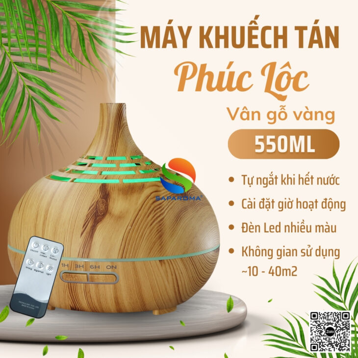 Máy khuếch tán tinh dầu cao cấp Saparoma phun sương tạo ẩm, Led 7 màu, thơm phòng, hỗ trợ khử mùi