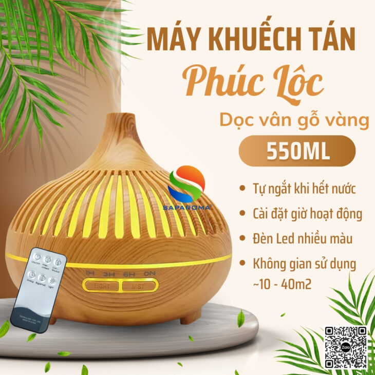 Máy khuếch tán tinh dầu cao cấp Saparoma phun sương tạo ẩm, Led 7 màu, thơm phòng, hỗ trợ khử mùi