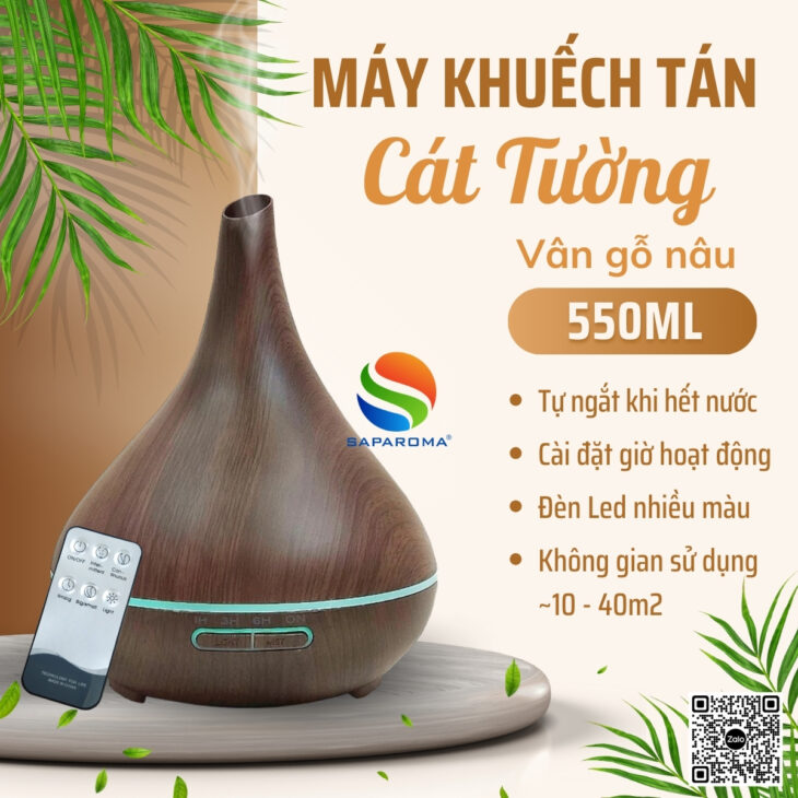 Máy khuếch tán tinh dầu cao cấp Saparoma phun sương tạo ẩm, Led 7 màu, thơm phòng, hỗ trợ khử mùi