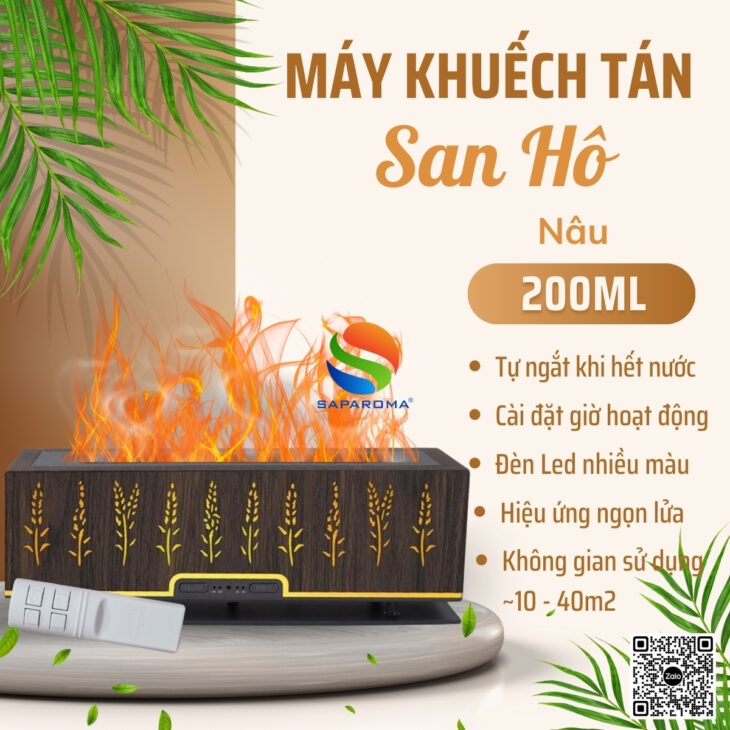 Máy xông tinh dầu SAPAROMA hiệu ứng lửa, led nhiều màu kèm điều khiển, thơm phòng, hỗ trợ khử mùi