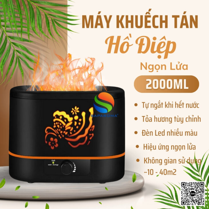 Máy xông tinh dầu SAPAROMA hiệu ứng lửa, led nhiều màu kèm điều khiển, thơm phòng, hỗ trợ khử mùi