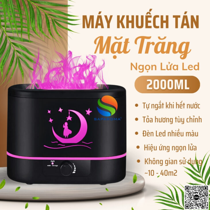 Máy xông tinh dầu SAPAROMA hiệu ứng lửa, led nhiều màu kèm điều khiển, thơm phòng, hỗ trợ khử mùi