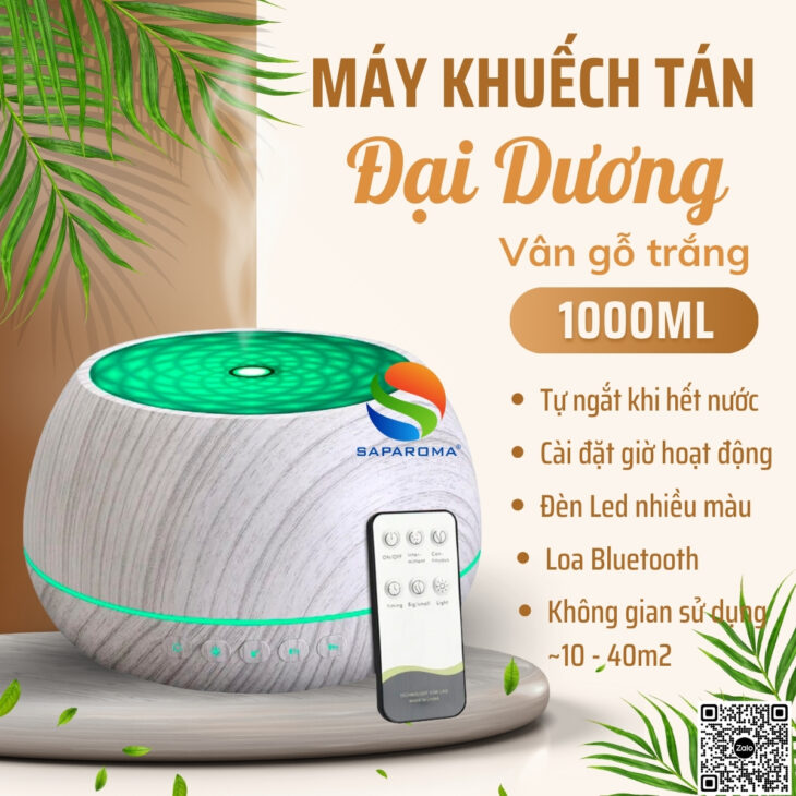 Máy xông tinh dầu SAPAROMA led nhiều màu kèm điều khiển, loa Bluetooth, hỗ trợ khử mùi, thơm phòng