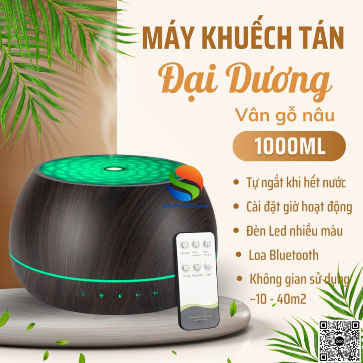 Máy xông tinh dầu SAPAROMA led nhiều màu kèm điều khiển, loa Bluetooth, hỗ trợ khử mùi, thơm phòng