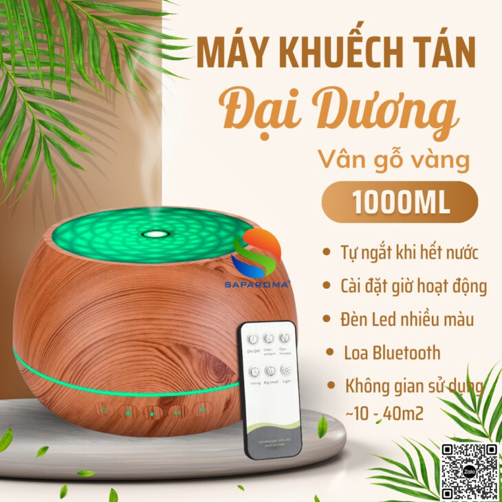 Máy xông tinh dầu SAPAROMA led nhiều màu kèm điều khiển, loa Bluetooth, hỗ trợ khử mùi, thơm phòng