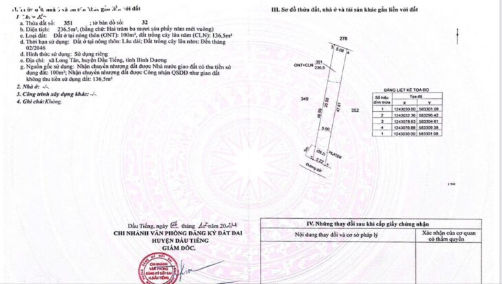 ĐẤT LONG TÂN – DẦU TIẾNG- THÔNG TIN CHUẨN – 650triệu/240m2