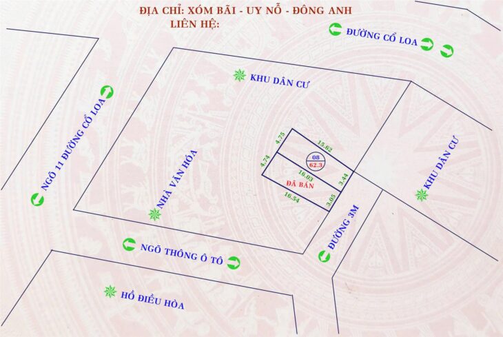 Chính chủ gửi bán nhanh 62.3m2 đất xóm Bãi, Uy Nỗ, Đông Anh giá chỉ 55 triệu/m2 rẻ hơn thị trường