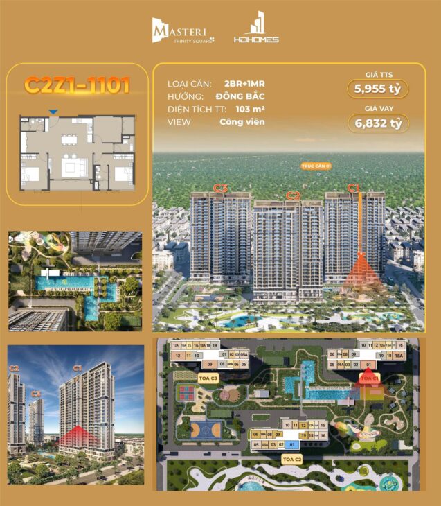 Bán căn 3PN +1 – 103m², tầng trung 11 hướng Đông Bắc toà C2Z1 dự án Masteri Trinity Square –