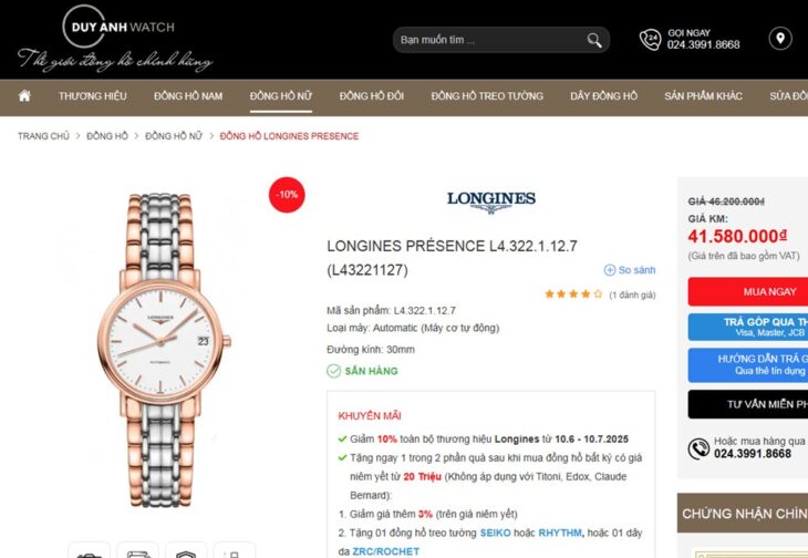 Đồng Hồ Nữ : Longines Presence Automatic – Demi Vàng Hồng – Size 30mm Fullbox…