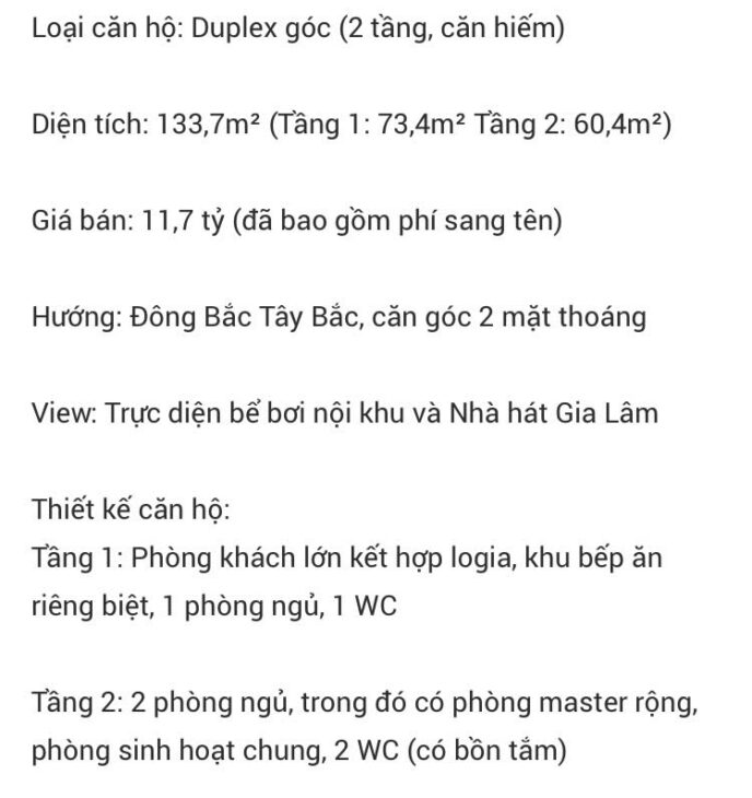 Bán căn góc Duplex The Senique Hà Nội tầng đẹp view bể bơi và nhà hát Gia Lâm