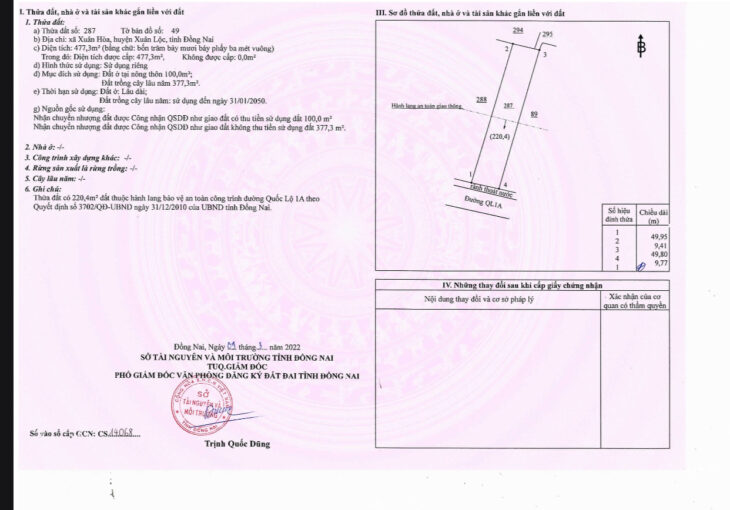 Gần 10m Mặt tiền Quốc Lộ 1A, sẳn 100m2 thổ cư, Xuân Hòa cần bán